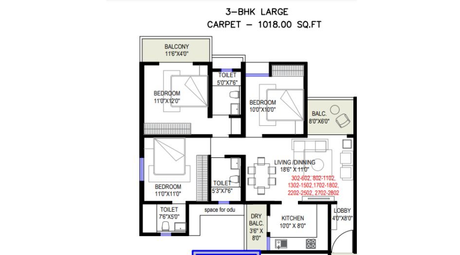 Kamdhenu-The-Astria-Floor-Plan-3 BHK- 1018 Sqft